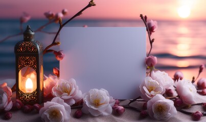 Delicate background for Muslim holidays, Ramadan, Eid al-Adha White greeting card template for greeting texts on a background of beautiful flowers, sunset, sea in pastel colors