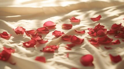 White rectangular sheet with scattered rose petals around