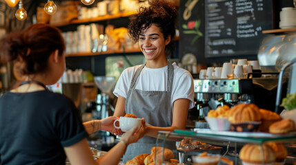 cheerful barista with curly hair is handing over a cup of cappuccino