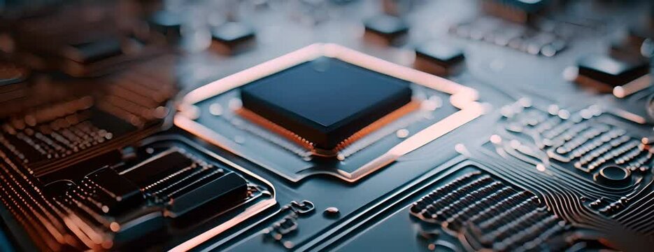 PU chip on circuit board. Black motherboard with central processor chip. Computer hardware tecnology 4K Video