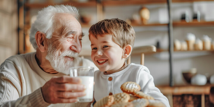 Grandpa and grandson are laughing and drinking milk and cookies.
