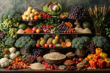 A luxurious classic composition of various fruits, vegetables, cereals and nuts on ornate wooden shelves, reminiscent of the abundance of the traditional harvest.