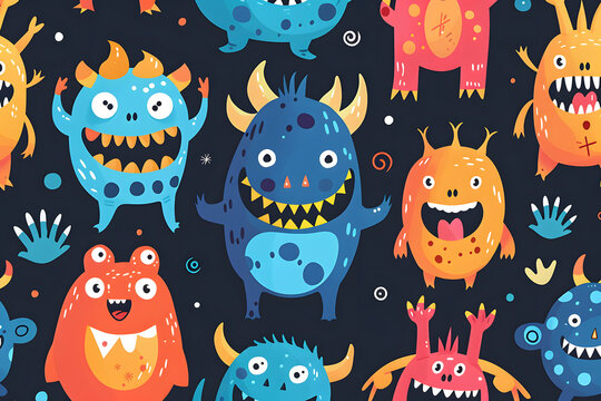 Cute monsters cartoon pattern background for kids.