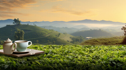 Serene Morning Tea Amidst Lush Green Plantations with a Teapot, Cup, and Dried Herbs Creating a Warm Atmosphere - Ideal for Relaxing Moments and Text Overlays.