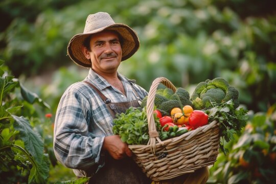 Male farmer with harvest. Backdrop with selective focus and copy space