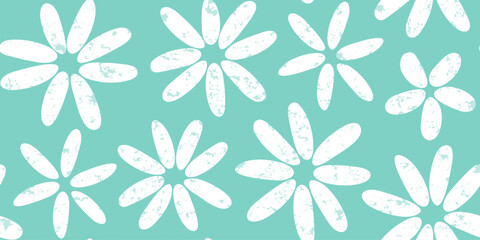 Groovy flower seamless pattern, spring floral background, grunge daisy vector print, cute summer chamomile pastel green textile. Abstract naive illustration
