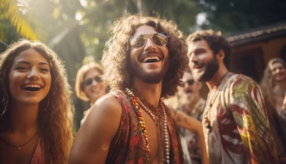 Fotobehang Beautiful Hippies friends men and women fellows in fancy sunglasses happy smiling laughing portraits while they meeting together at disco bar party. Freedom and people relations concept. © Soloviova Liudmyla