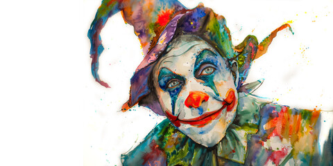 A cute clown celebrates April Fool's Day with playful pranks and endless laughter. First of April. Watercolor illustration.