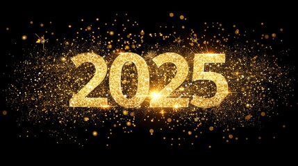 2025 new year greeting card with big golden numbers, dark background, fireworks, and golden bokeh