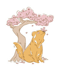 Golden Retriever Under Blossom Tree Serenity