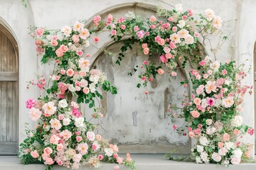 An abundance of pink and white flowers cascading down a concrete wall with an arch.
