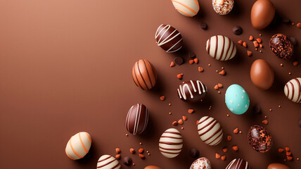 chocolate easter eggs and sweets on dark background - obrazy, fototapety, plakaty