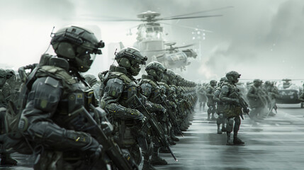 professional army preparing for a mission. Dynamic dark shot, military aviation equipment circling above the army of soldiers