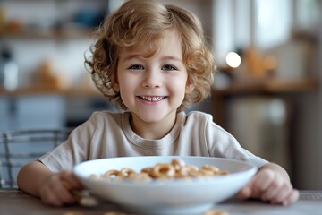 Young girl contentedly enjoys a bowl of cereal at a cozy kitchen table.