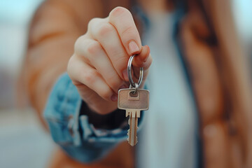 Hand holding house key. Real estate agent.  - obrazy, fototapety, plakaty