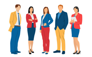 Fototapeta premium Set of young men and woman , different colors, cartoon character, group of silhouettes of standing business people, students, design concept of flat icon, isolated on white background