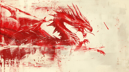 Red dragon drawing pictogram, part of the flag of wales. Grunge brush stroke wels patern. Flat vector sign.   generative ai 