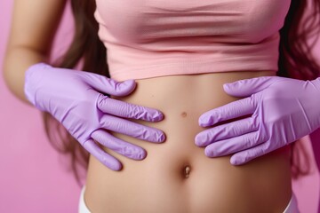 A dermatologist examining a young womans stomach adorned with purple gloves, focusing on moles and skin assessment.