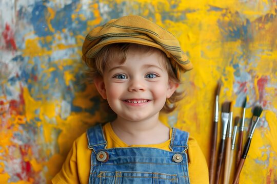 A cute little boy wearing a hat holds paint brushes on a yellow background.