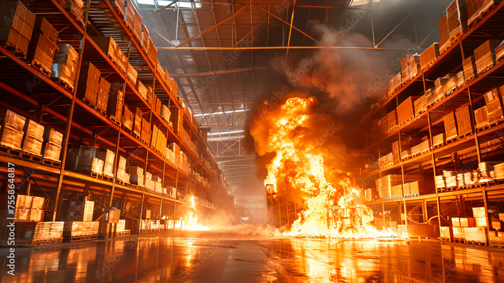 Wall mural a large warehouse is on fire