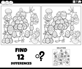 differences game with cartoon Easter bunnies coloring page