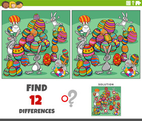 differences game with cartoon Easter bunnies with colored eggs