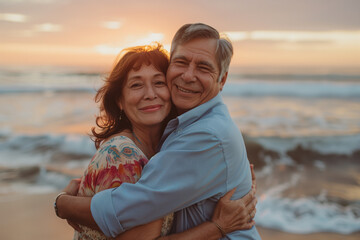 Fototapeta na wymiar Warm Sunset Embrace of Senior Couple. Senior couple embracing on the beach at sunset, ideal for romantic or retirement themes.