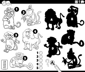 finding shadows activity with cartoon monkeys coloring page