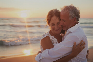 Warm Sunset Embrace of Senior Couple. Senior couple hugging on beach at sunset, symbolizing love and companionship.