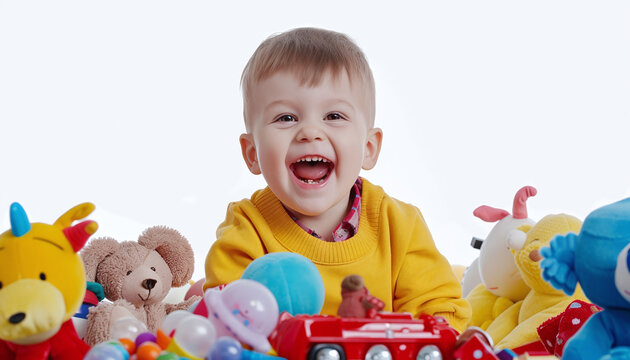 Happy and young children playing with toys . Image of a cute, innocent and adorable baby or child holding or cradling a soft toy in joyful happiness