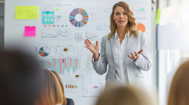 Professional woman giving a presentation with various charts and graphs in the background