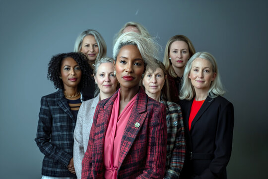 A united group of successful women from various professions standing shoulder to shoulder in solidarity.