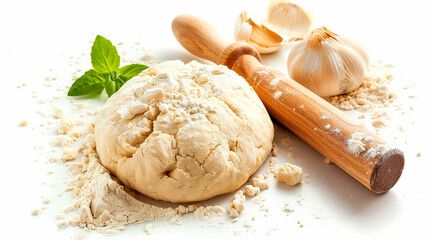 dough with rolling pin on white background - obrazy, fototapety, plakaty
