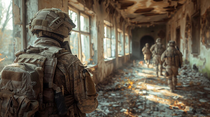 Obraz na płótnie Canvas A special military force walking in a destroyed building. ( AI generated ) 