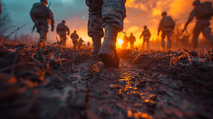 Military boots in a war zone and a battalion walking at the sunset. ( AI generated ) 