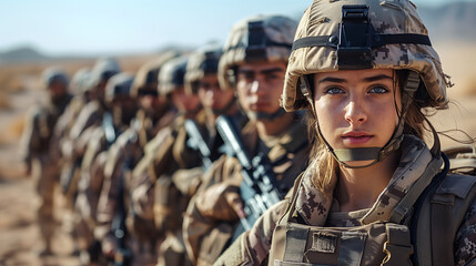 Deployment of soldiers in camouflage uniform. A young woman in foreground. ( AI generated ) 