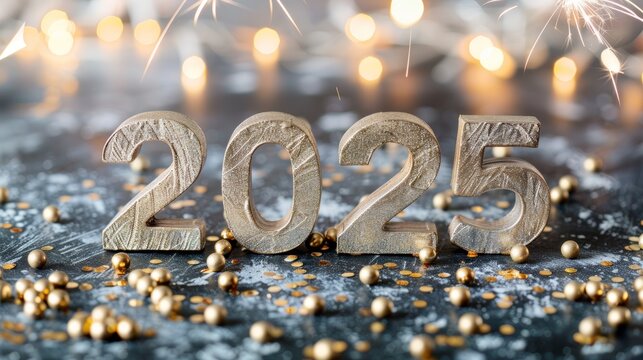 New year 2025 greeting card with 3d golden numbers on dark background, fireworks, and bokeh