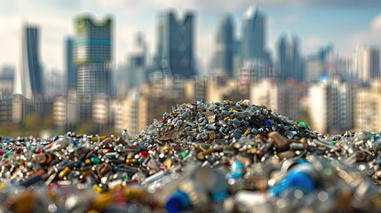 Huge piles of used plastic. In the blurred background city. City dump. Pollution concept. City dump reveals plastic epidemic. Time to act.