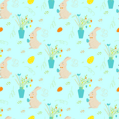 Seamless vector Easter pattern with cute little rabbit and vase with branches decorated eggs. Print for textile, pack, fabric, wallpaper, wrapping.