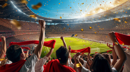 crowded sports stadium with a vibrant atmosphere, where spectators are holding up red scarves and yellow confetti is flying in the air