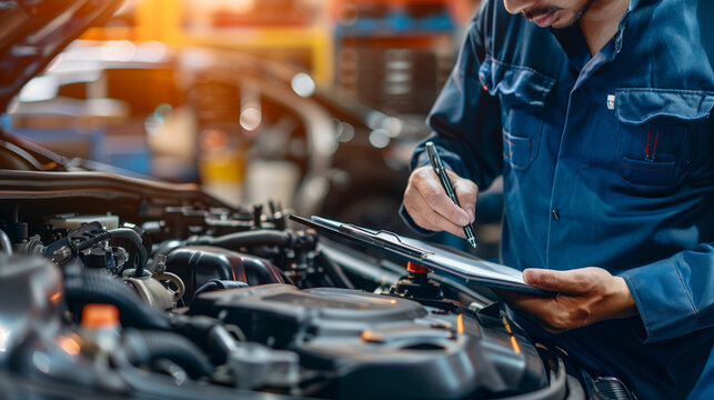 Auto check, car service shop concept. Automobile repairman writing job checklist on clipboard, mechanic checking engine to estimate repair machine, inspecting maintenance by engineer at vehicle garage