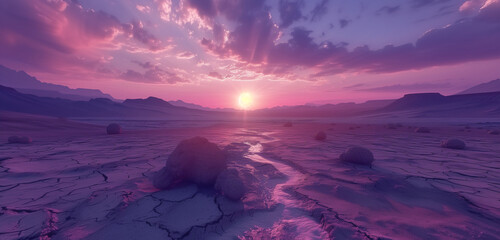 Surreal desert landscape at twilight with arid soil and rocks under a lavender sky, where the...
