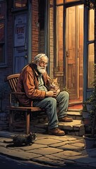 Old man sitting on the porch of a house with a cat - 755866435