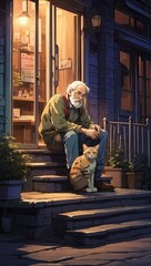 Old man sitting on the porch of a house with a cat - 755866630