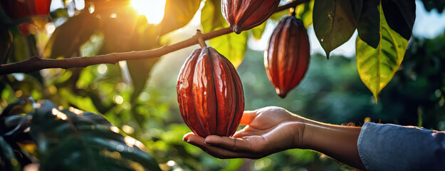 Hand cradles a ripe cocoa pod in a lush plantation. Harvesting the source of chocolate. Palm...