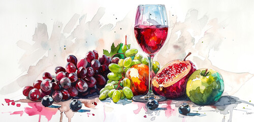A classic still life composition, featuring fruit and a wine glass, rendered in ruby and emerald...