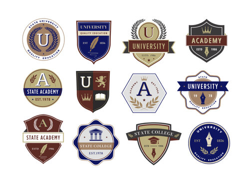 Education emblem. Academic institution badges for university, academy, and college crests with classic designs vector set