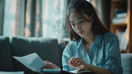 Deduction planning concept. Asian young woman hand using calculator to calculating balance prepare tax reduction income, cost budget expenses for pay money form personal Individual Income Tax Return - obrazy, fototapety, plakaty