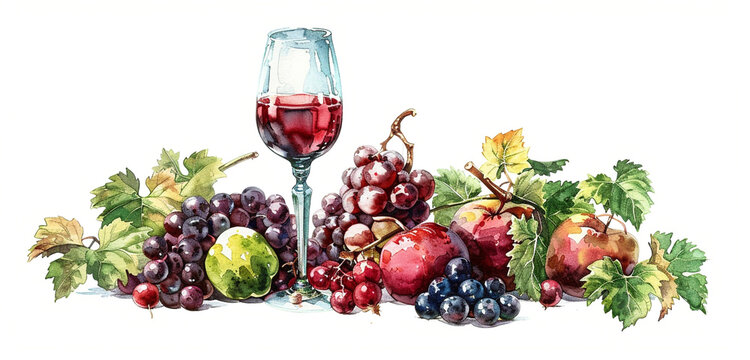 A classic still life composition, featuring fruit and a wine glass, rendered in ruby and emerald inks, with a touch of realism, isolated on white background