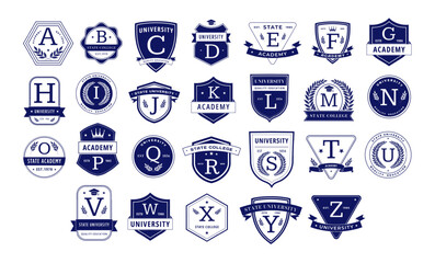 Education monogram. Alphabetical elegant academic crests, letter badge template for university, college or academy team isolated vector set